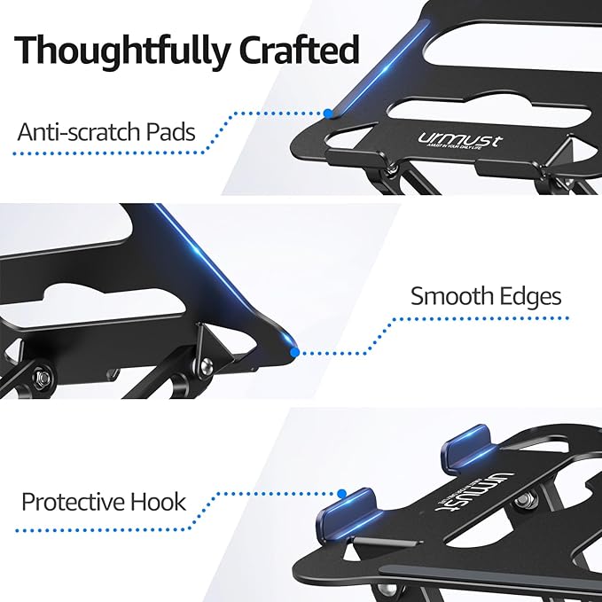 Urmust Aluminum Laptop Stand, Portable Laptop Riser, Adjustable Laptop Stand for Desk Foldable, Ergonomic Computer Notebook Holder for MacBook Air Pro HP, Office Desk Accessories (10-15.6'')- Black