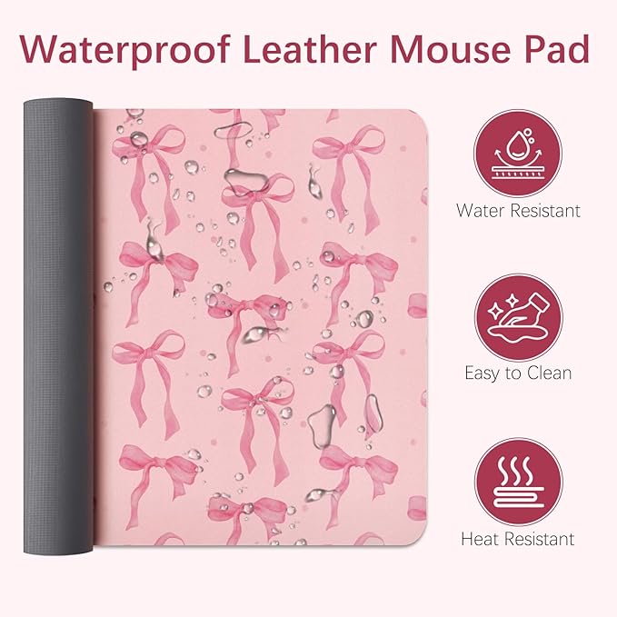 Pink Desk Mat, Large Mouse Pad Pink Bow Keyboard Mat Computer Pad, Cute Girly Pink Desk Accessories, PU Leather Desk Pad Protector, Waterproof Desk Blotter Writing Pad Non-Slip Base, 31.5 x 15.7