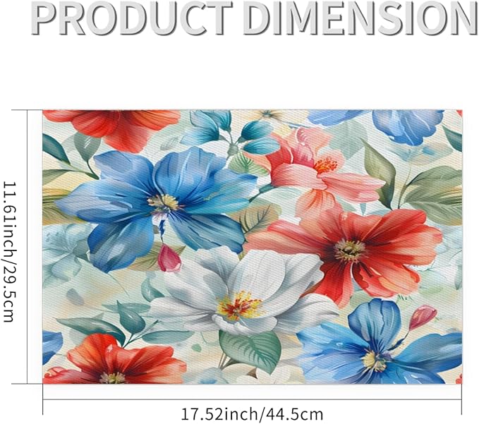 Placemats Set of 4 Heat-Resistant Rectangle Place Mats Floral Flower Colorful Washable Plastic PVC Dining Table Mat Non-Slip Wipeable Woven Vinyl Placemat for Kitchen Patio Table Decor