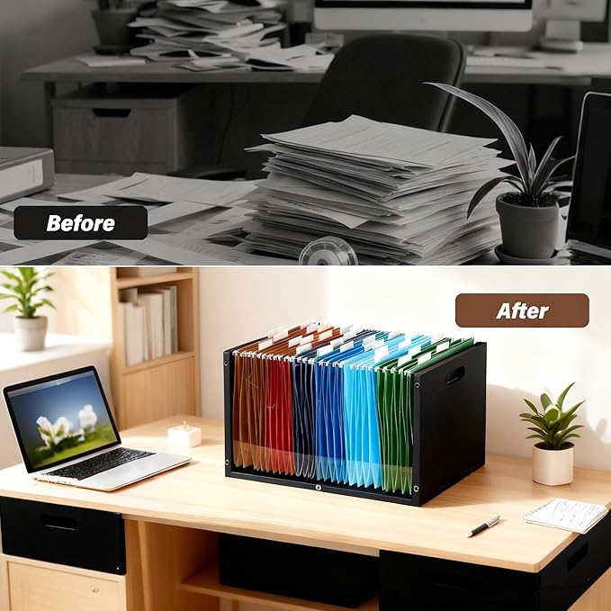 Hanging File Organizer Box with Handle, Acrylic File Folder Organizer Letter Size, Portable Hanging Folder Storage Boxes for Home Office Desk Document Storage, Black