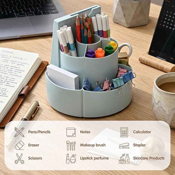 360 Rotating Pen Holder for Desk with Checklist Routine Chart Pencil Organizer To Do List Planning Board with Slider Pen Organizer with 7 Slots Desk Organizers and Accessories for Office School Home