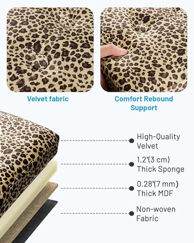 Bsketa Storage Ottoman Foot Rest Stool, Small Velvet Storage Ottomans Bench, Folding Footstool with Side Pockets, Foot Rest Under Desk for Living Room Bedroom, 17x13x13 in, Leopard Print