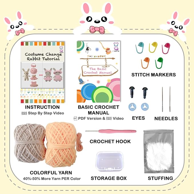 LoopMap Amigurumi Crochet Kit for Beginners with Removable Dress & Video Tutorials, DIY Bunny Making Kit Includes Premium Yarn & Tools, Creative Gift for Adults Teens (Yellow)