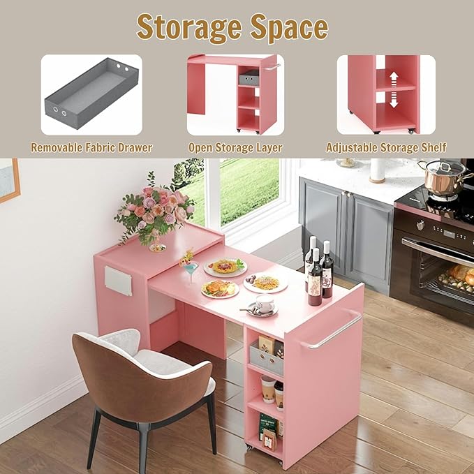 smilesun Folding Dining Table, Wall Mount Foldable Kitchen Table w/Fabric Drawer & Adjustable Storage Shelf, Space Saving Compact Expandable Pull Out Table for Small Spaces, Pink