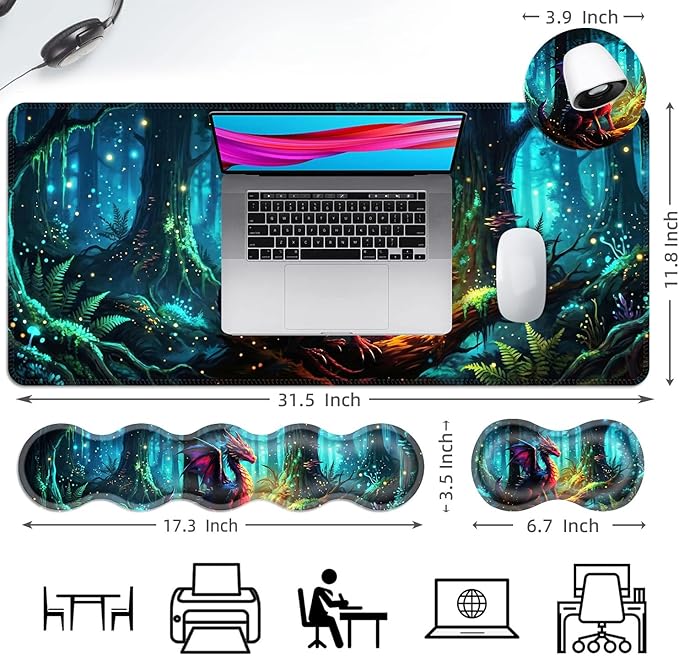 Ergonomic Mouse Pad Set with Wrist Support for Keyboard and Wrist Rest for Mouse, Memory Foam Comfort, Non-Slip Large Desk Mat for Home Office Pain Relief,Forest Dragon