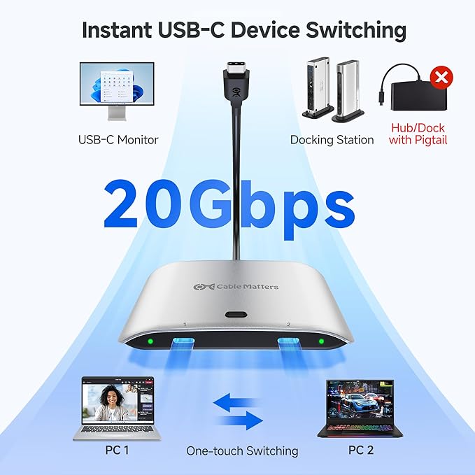 Cable Matters 20Gbps USB C KVM Switch for 2 Computers, Up to 8K@30Hz on Windows, 4K@60Hz on macOS, 140W PD, for Sharing a USB-C/Thunderbolt 4 Monitor or Dock (Not for Dock with an Attached Cable)