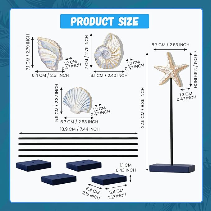 Smile 4 Pcs Wooden Decor Summer Indoor Decorations, Conch Starfish Shell Nautilus, Summer Table Centerpieces for Home Kitchen Seasonal Display