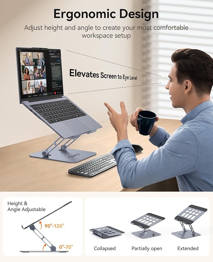 ORICO Ergonomic Laptop Stand for Desk, Height Adjustable Aluminum Laptop Stand Riser, Foldable Computer Holder for MacBook Neo, Air, Pro, Dell XPS, HP, Lenovo, Fits Devices up to 17" (ST11, Gray)