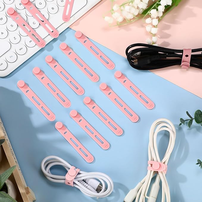 Tellegloww 42 Pcs Silicone Cable Ties Reusable Cord Organizer Adjustable Data Cable Wraps for Earphone Phone Charger Computer Cord Management Straps Travel Essentials(Pink,3.15 Inch)