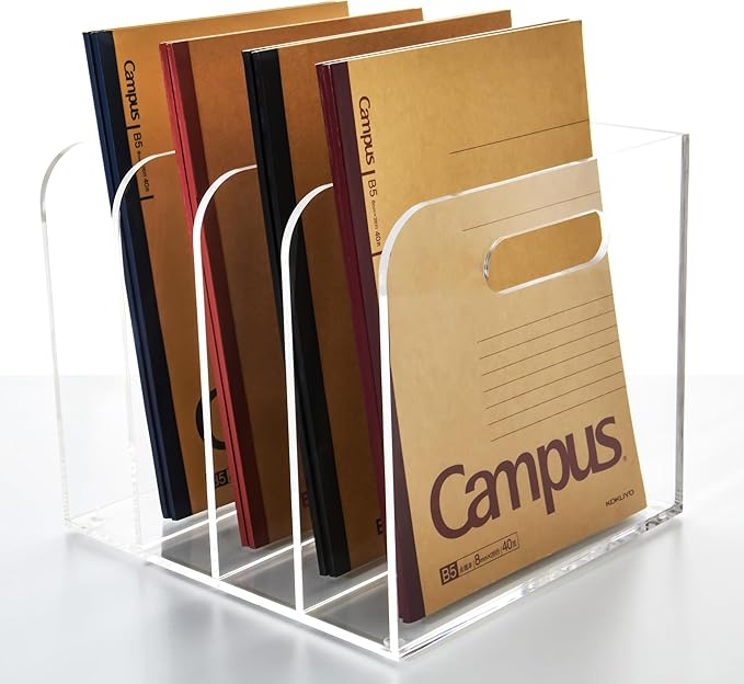 Acrylic File Holder for Desk - 4 Slot Vertical Magazine Organizer & Bookend - Clear Document Sorter Rack for Folders, Binders, Notebooks & Reports - Non-Slip Office Desktop Storage Sorter