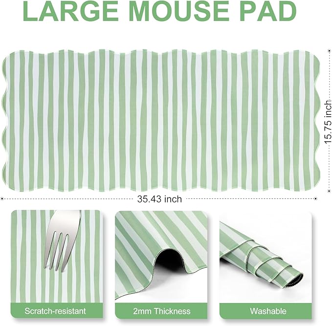 L-SPOUTTO Green Striped Mouse Pad,Scalloped Desk Mat XXL Large Geometric Gaming Mousepad,35.4x15.7in Non-Slip Rubber Base Keyboard Pad Waterproof Desktop Mat for Laptop Computer Game Home Office