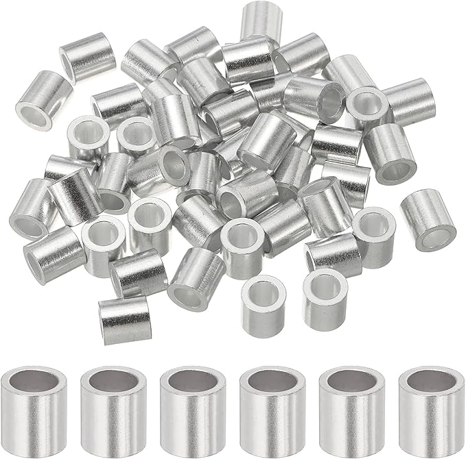 uxcell 3/16"(5mm) Aluminum Crimping Loop Sleeve, Wire Rope Stop Sleeve Round Crimp Ferrules for Wire Rope and Cable Ferrule, Silver 50Pcs