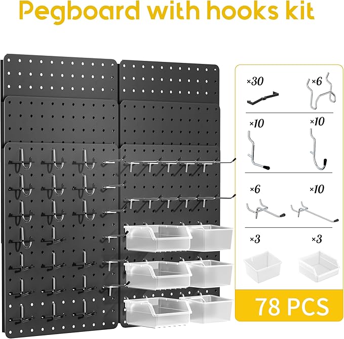 Peg Board for Tools, 6 Pack Metal Pegboard Wall Organizer with Hooks,14.76"×10.82" Black Pegboard Panels for Walls Home, Garage Tool Storage, Kitchen, Office Organization, Craft Room