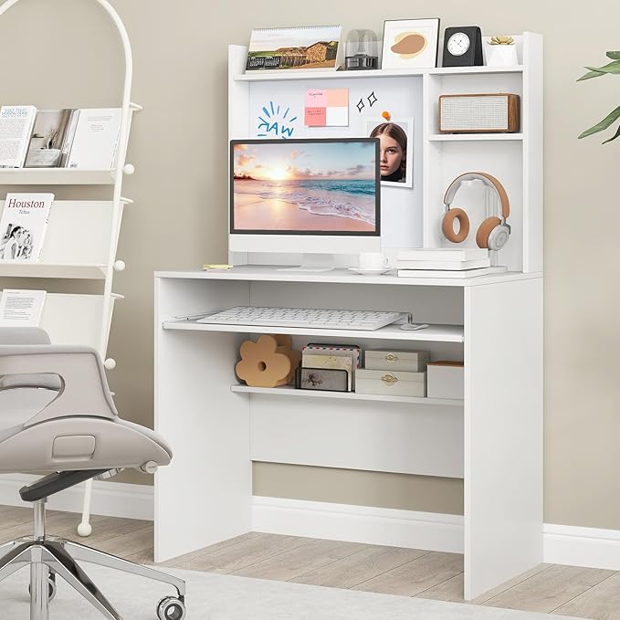 Tangkula Computer Desk with Hutch, Space Saving Laptop Desk with Magnetic Whiteboard, Keyboard Tray, Storage Shelves, Cable Holes, Home Office Desk with Bookshelf, Modern Writing Table (White)