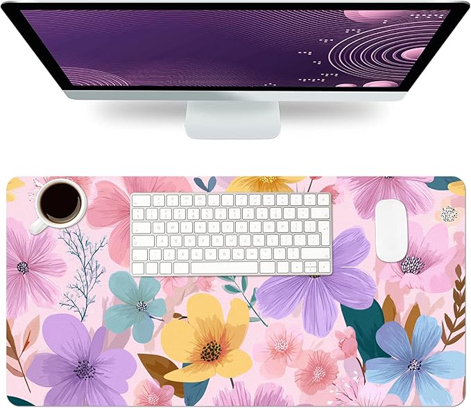 Desk Mat Large Mouse Pad, Non-Slip PU Leather Gaming Mousepad Keyboard Mouse Mats Desk Pads 23.6"x11.8" for Work Office Decor Gifts Pink Floral