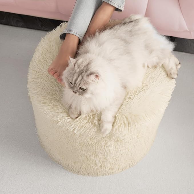 Hansleep Round Stuffed Pouf Ottoman 20 x 15, Foam Filled Faux Fur Ottoman Foot Rest for Chair with Washable Cover, Foot Stools Under Desk for Living Room & Bedroom, Beige