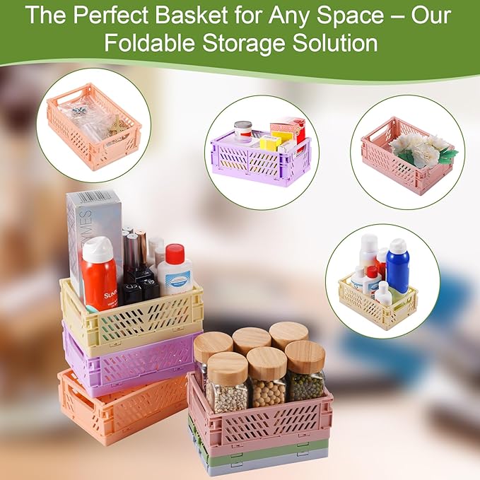 HUUSMOT 6-Pack Small Pastel Plastic Storage Baskets, Collapsible Crates for Organizing, Space-Saving Mini Bins for Classroom, Kitchen, Office, Bedroom (5.9" x 3.8" x 2.2")