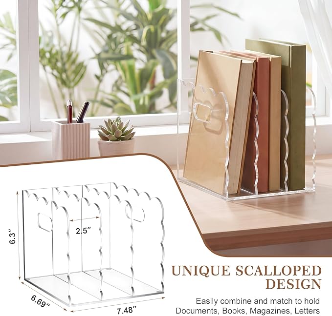 Suzile Scalloped Acrylic Magazine File Holder, 3-Compartment Clear Desk Organizer Vertical Bookends Organization for Office, Binders, Documents, Tablets, Magazines, Books(6.69 x 7.48 x 6.3 Inches)