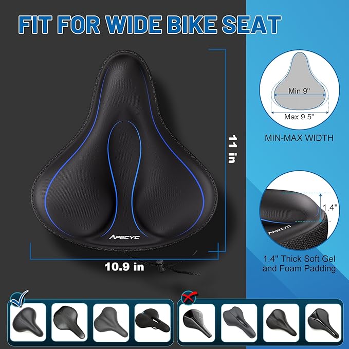 APECYC Bike Seat Cushion Gel Padded Saddle Cover for Men Women - Extra Padding Soft Comfort Bicycle Seat Cushion for Peloton, Stationary, Spin, Mountain, Road, Ebike