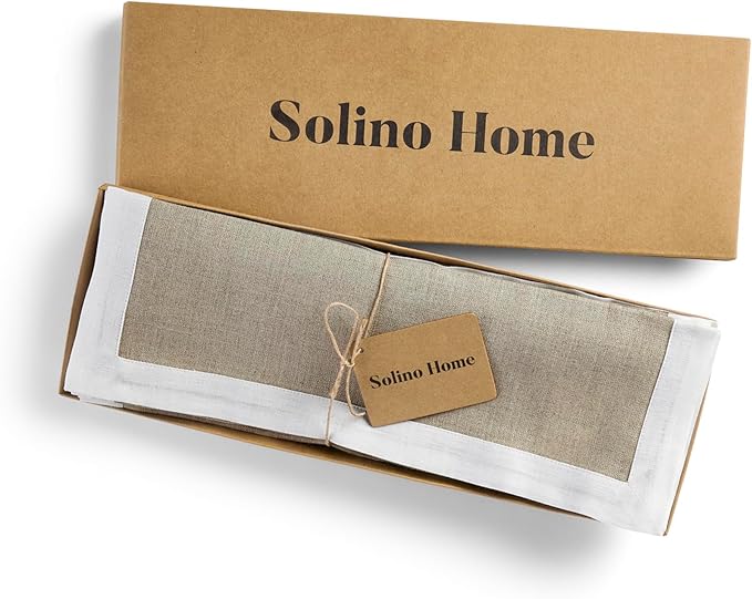 Solino Home Linen Cloth Placemats Set of 4-100% Pure Linen White and Natural Placemats 14 x 19 Inch for Spring, Summer - Classic, Handcrafted and Machine Washable