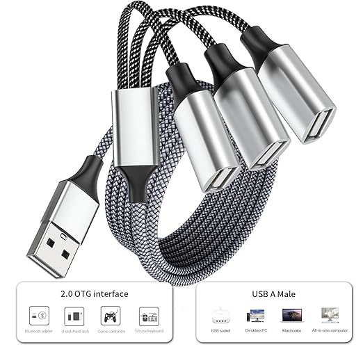 Fidioto 6.6Ft USB Cable - 1 Male to 3 Female Adapter Compatible with Webcam, Camera, Phone, USB Hub, Mouse, Keyboard, Printer, Hard Drive, Headset, Xbox