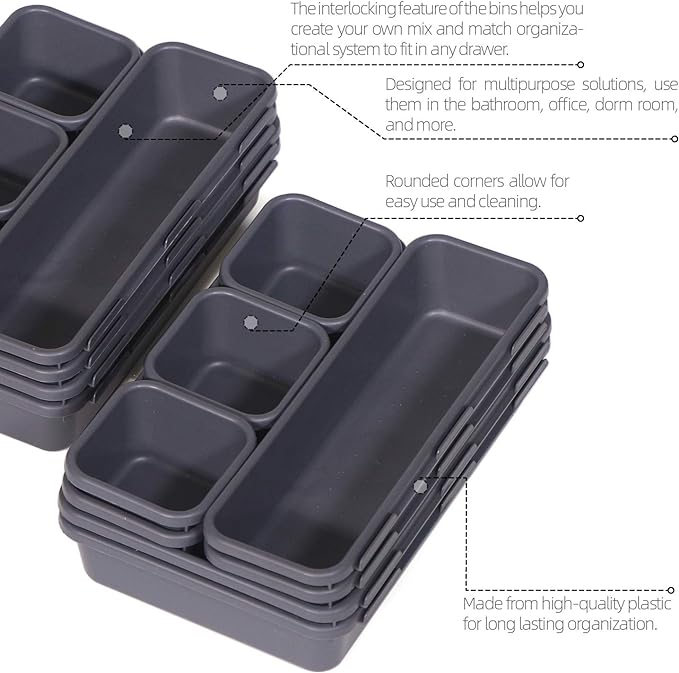 Set of 32 Interlocking Desk Drawer Organizer Tray Dividers Plastic Shallow Narrow Drawers Organizers Separators Storage Bins Container for Kitchen Bathroom Makeup Office Vanity Bedroom Dresser