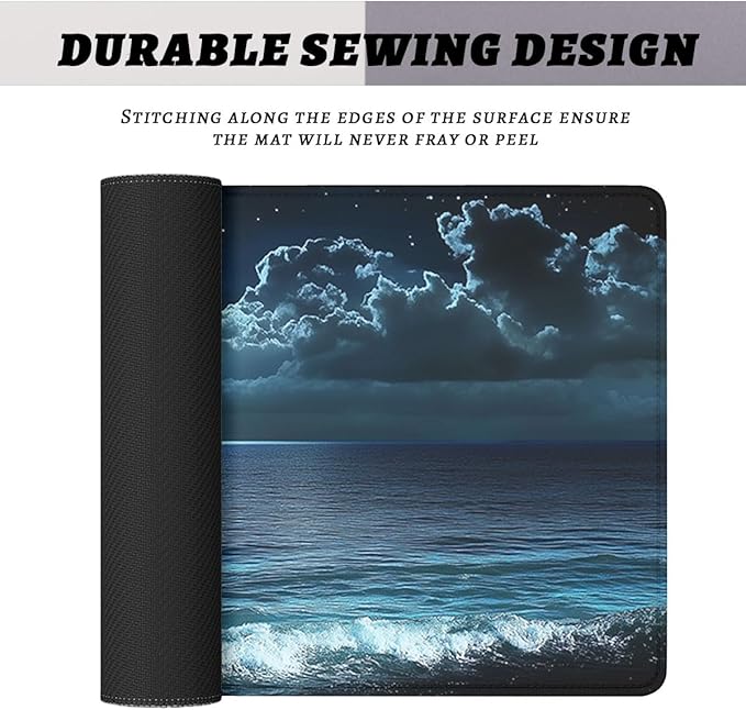 Night Beach Gaming Mouse Pad Moonlit Ocean Mystic Sea Large Gaming Mouse Mat with Stitched Edges,Non-Slip Waterproof Rubber Base Mous Mat 31.5"x11.8"