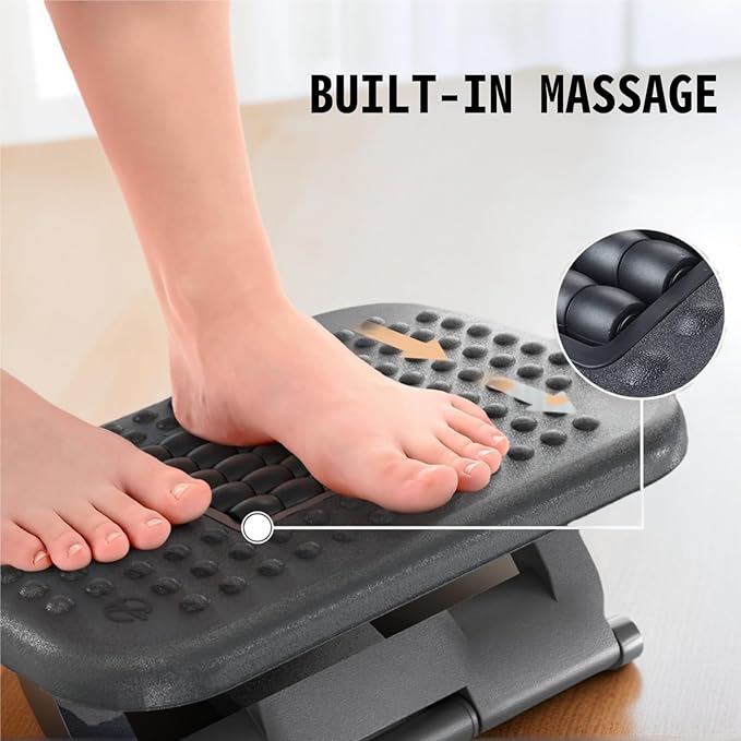 Adjustable Footrest with Massage Texture and Roller, Foot Rest for Under Desk at Work, 3 Height Adjustment Ergonomic Foot Stool and 30 Degree Tilt Angle for Office & Home, Black
