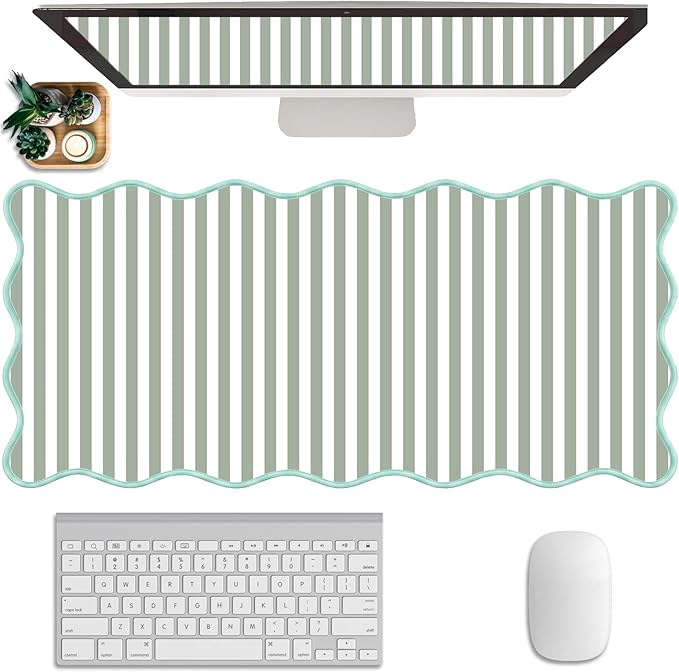 Scalloped Desk Mat Extended Large Cute Striped Mouse Pad Big Desk Pad XXL Aesthetic Stripe Mousepad Gaming Mouse Pad for Keyboard Computer Laptop Home Office Accessories 35.4X15.7Inches Sage Green