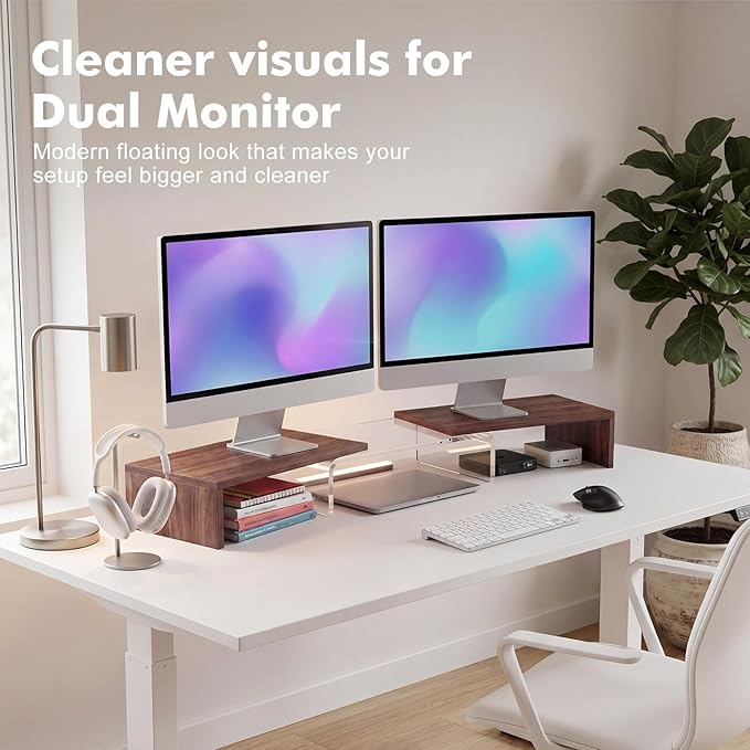 Dual Monitor Riser, Acrylic Monitor Riser, Adjustable Angle & Length Computer Monitor Stand, Wide Desk Shelf for Top of Desk for Home Office_Walnut Look Small