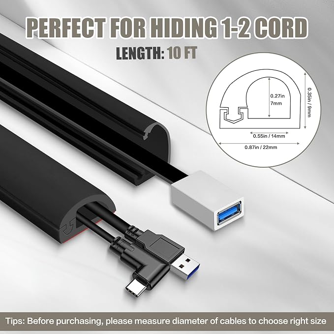 Cord Wall Cover, 118in Self-Adhesive Wire Covers for Cords on Wall, Extension Cable Hider for Floor, Mounted Tv, Home and Office Cavity 0.63" Wx0.31 H (Black)