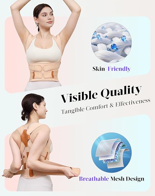 Kepwaa Posture Corrector for Women and Men, 5 Full Back Support Brace Rods, Adjustable Shoulder Straightener, Relief for Upper and Lower Back, Neck, Lumbar, Scoliosis, Hump, Beige, Small