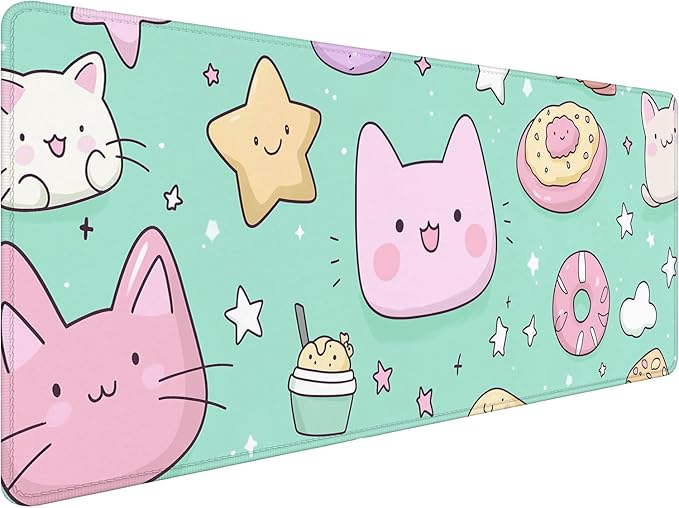 Cute Cat Desk Pad Mouse Pad Stars Donuts Clouds Cartoon XL Mouse Pad Large Mousepad Extended Laptop Keyboard Mat Gaming Desk Pad Mouse Mat 31.5"x11.8" Office Computer Keyboard Laptop Home