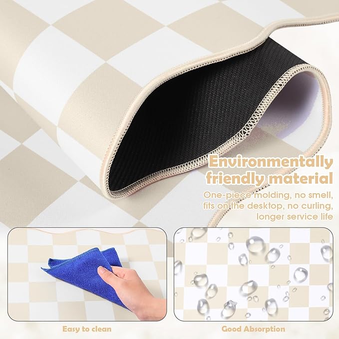 Copkim 1 Pcs Beige Scalloped Checkered Desk Mat 31.5 x 11.8 Inch Large Cute Mouse Pad Computer Mat Non Slip Waterproof Rubber Base with Border Stitching Soft Keyboard Pad for Home Office Gaming Makeup