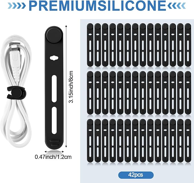 Tellegloww 42 Pcs Silicone Cable Ties Reusable Cord Organizer Adjustable Data Cable Wraps for Earphone Phone Charger Computer Cord Management Straps Travel Essentials(Black,3.15 Inch)