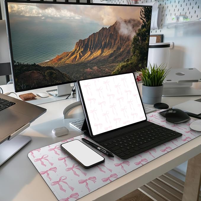 MAY FLOWER Gaming Mouse pad, Large Laptop Mousepad, Full Keyboard Mat, Long Computer Mouse Mat for Home and Office, Anti-Slip Rubber Base, 31.5 x 11.8 Inches (Coquette Bow)