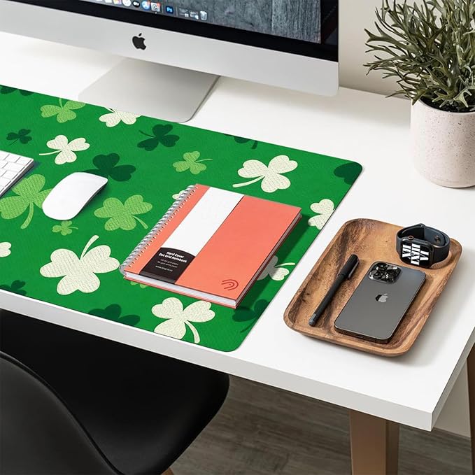 Green Clover Mouse Pad PU Leather Desk Mat Large Waterproof Gaming Pad Non-Slip Keyboard Mouse Pad Writing Pad for Gamer Office&Home