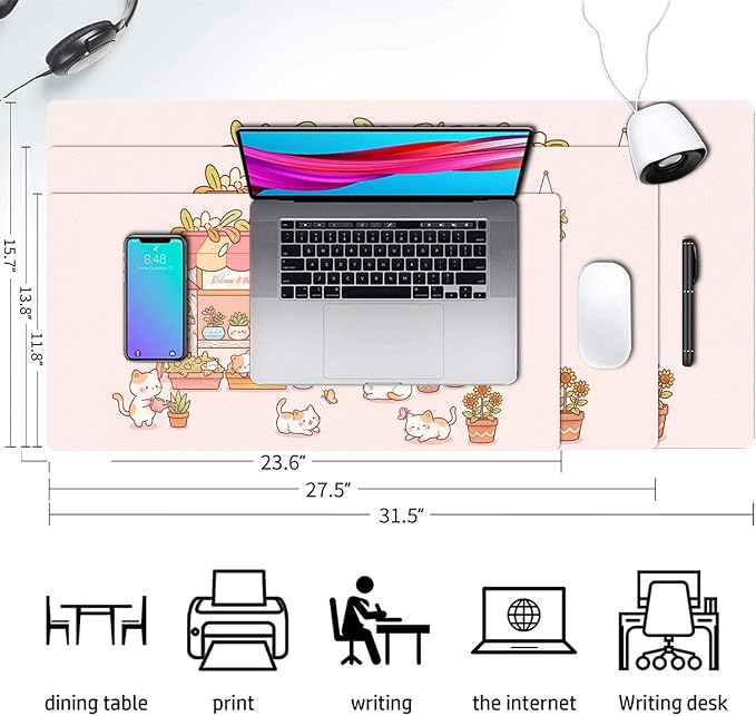 Cute Cat Desk Mat, Kawaii Pink Flower Shop Large Mouse Pad for Desktop, PU Leather Waterproof Desk Pad, Anti-Slip Computer PC Laptop Protector Gaming Mouse Pads for Office Home Decorations