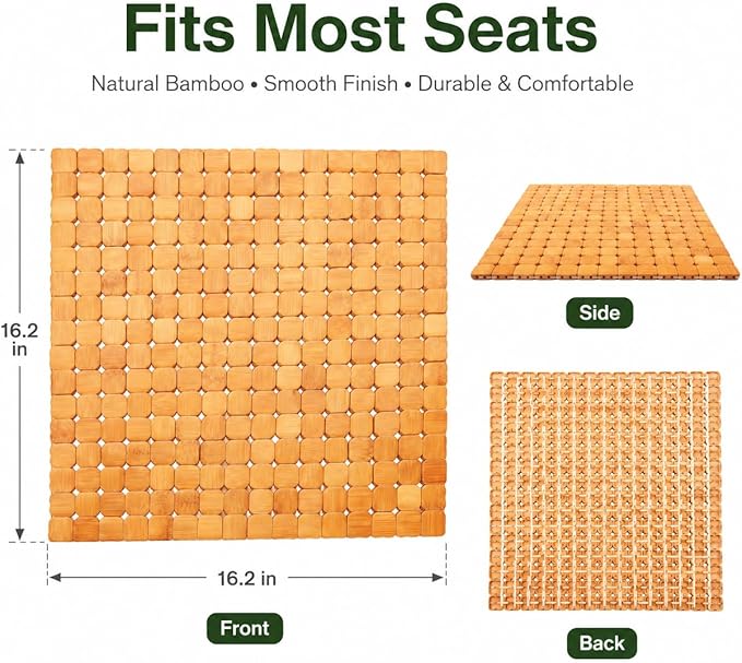 DECHOUS Natural Bamboo Chair Cushion Summer Cooling Car Seat Cover Pad for Office Chair - Breathable Seat Cushion Mat Comfort and Durability - 16.2 Inch
