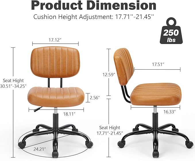 DUMOS Armless Home Office Executive Chair - Small Desk Chair with Low Back Lumbar Support, Height Adjustable PU Leather Computer Task Chair with 360° Swivel Wheels, for Adults, Brown