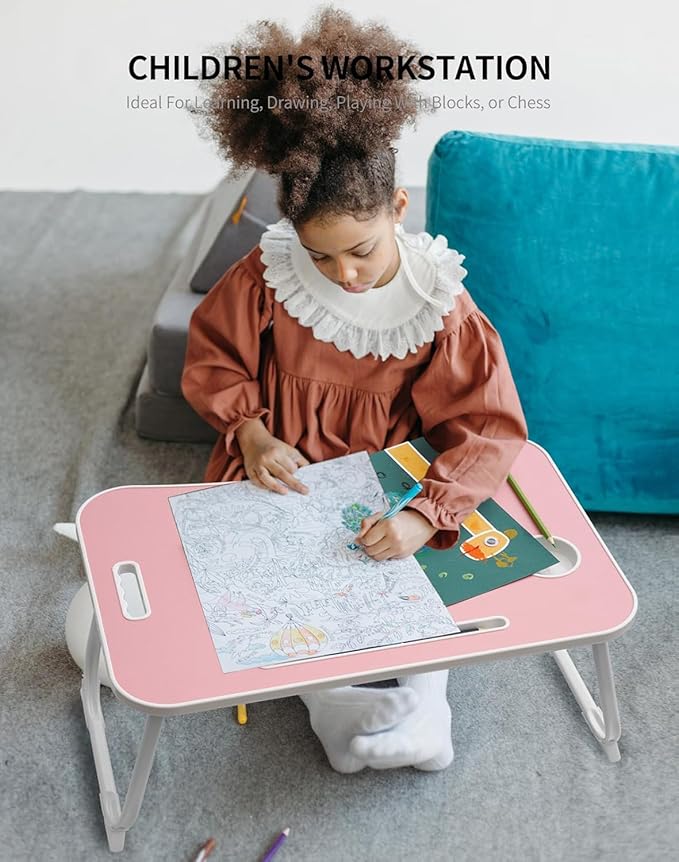 ZEAPTAC Laptop Bed Desk, Foldable Lap Desk, Portable Lap Table, Laptop Stand with Cup Holder & Tablet Slot & Lifting Handle for Working Writing Drawing & Eating - Rose Pink
