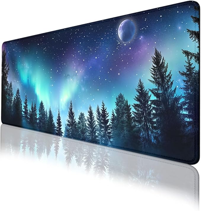 Aurora Desk Mat Starry Night Northern Lights Forest XL Mouse Pad Large Mousepad Extended Laptop Keyboard Mat Gaming Desk Pad Mouse Mat 31.5"x11.8"