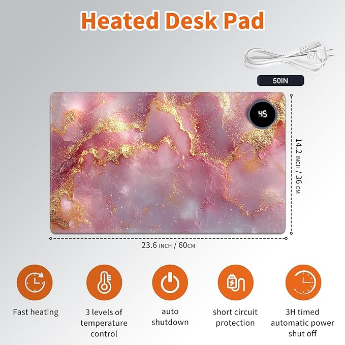 Heated Mouse Pad,Warm Desk Pad with 3 Levels Heating & 3 Hours Auto Shut-Off, PU Leather Heated Desk Pad Warmer Pad for Home Office - 23.6 x 14.2 inch,Pink Gold Marble