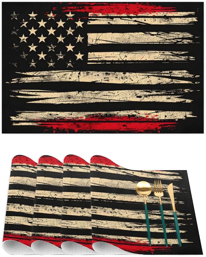 Placemats Set of 4 Heat-Resistant Rectangle Place Mats Independence Day USA Flag Washable Plastic PVC Dining Table Mat Non-Slip Wipeable Woven Vinyl Placemat for Kitchen Patio Table Decor