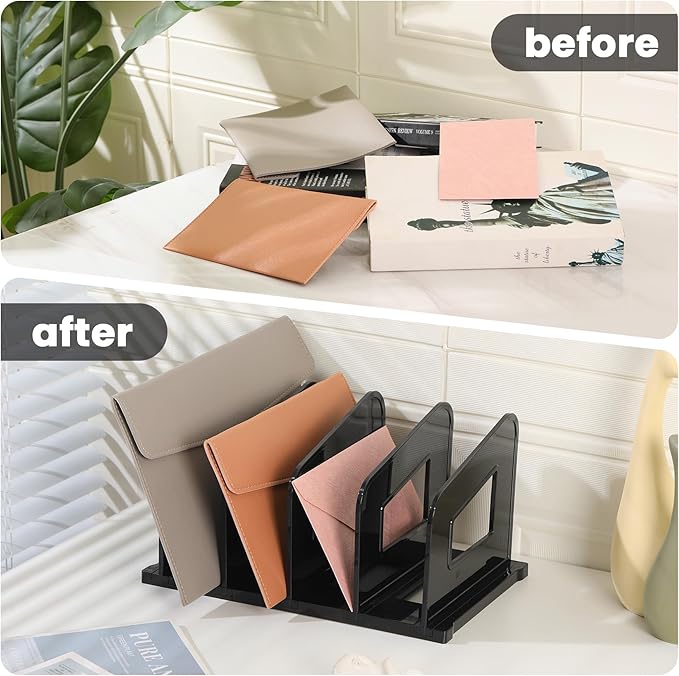 LALOBLUE File Organizer, Acrylic Folder Organizer File Sorter, Plastic Vertical Dividers for Magazine Mail Letter Paper, Desktop Organizers for Office, Classroom & Home(4 Sections, 2 Pack), Black