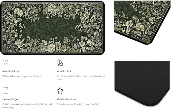 Deep Green Floral Mouse Pad XXL, Vintage Plant Desk Pad, Large Gaming Desktop Anti Slip Mats, Laptop Mat Mousepads with Stitched Edges, Suitable for Office Gaming Home Desktop Decor 31.5"X15.7"