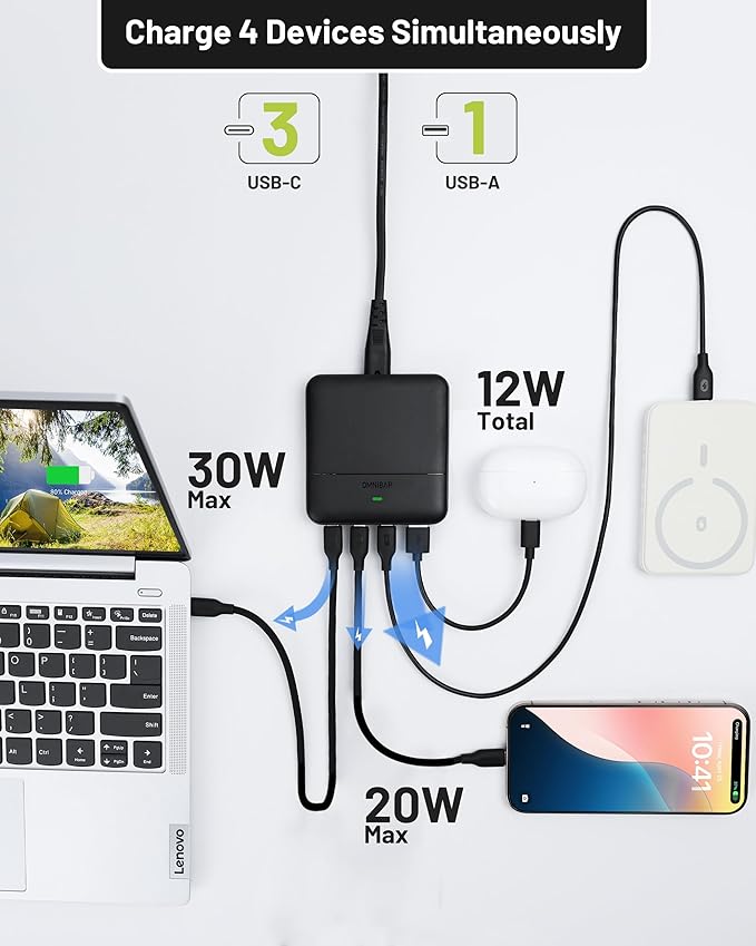 USB C Charging Station 67W, 4-Port Slim USB C Charger Block for iPhone 17/16/15, MacBook Air/Pro with 5ft Extension Cord, 3 USBC, 1 USB-A, Fast Charging Desktop Charger for Home Office Travel, Black