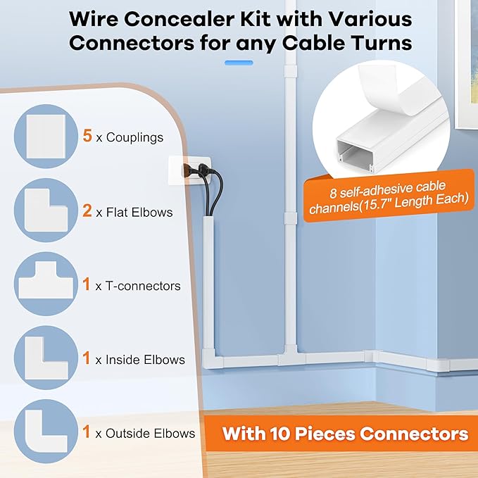 126in(8 x L15.7in) Cord Hider Kit, Wire Covers for TV on Wall, Paintable Cable Management Kit, Cable Cover for Mounted TV, Hide Wires Along Wall, Grey Cord Cover, W0.95in H0.55in