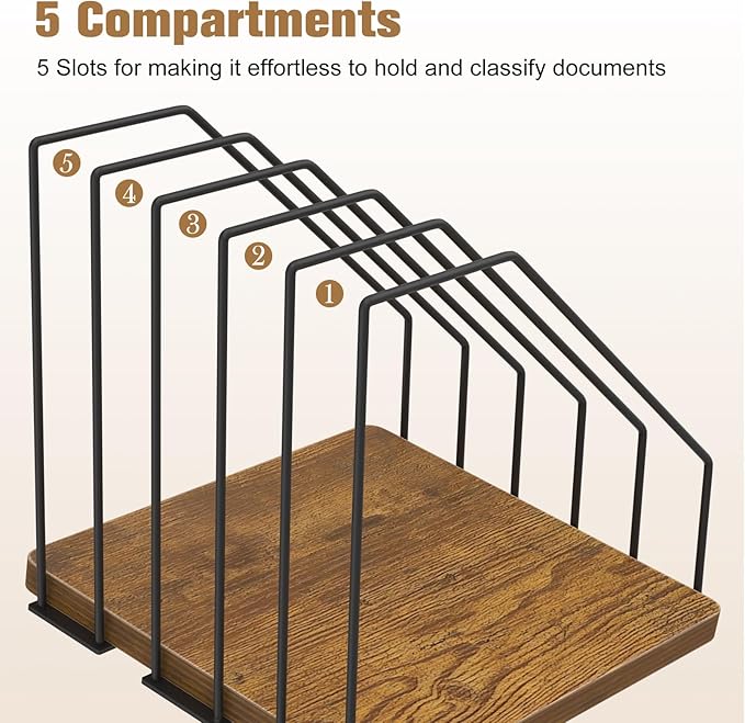 Inclined Desk File Organizer, 5-Section Vertical File Folder Holder, Desk Files Organizer Stand, Metal Files Sorter Rack Stand for Office Home School