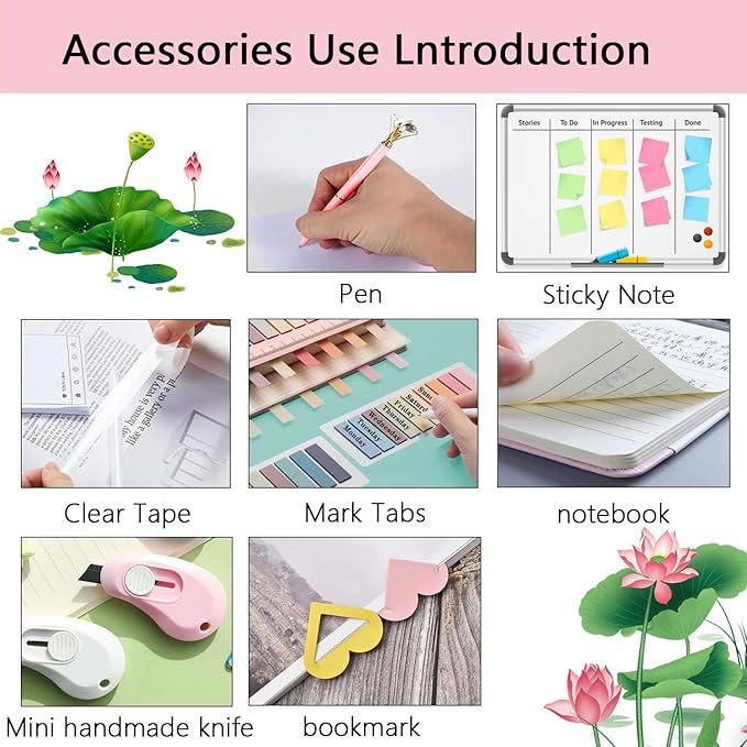 Office Supplies,Pink Desk Accessories,Desk Organizer,Stapler,Tape Dispenser,Folding Phone Stand,Scissors,Notebook,Staple Remover,Staples,Clear Tape,Sticky Notes,Clips,Cool Pen,Bookmark,Ect.22pcs